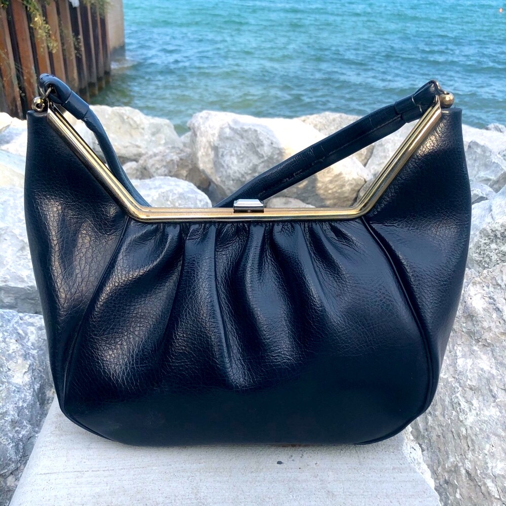 VINTAGE Navy Blue Hobo Handbag Silver Clasp Purse
